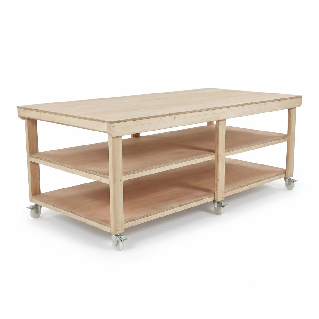 Wooden Workbench Eucalyptus Hardwood Top Depth-4ft Double Shelf and Wheels - SGP Garden Ltd