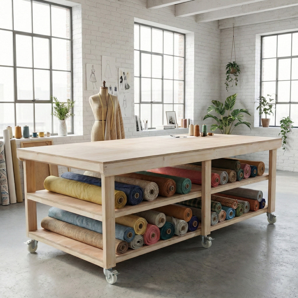 Wooden Workbench Eucalyptus Hardwood Top Depth-4ft Double Shelf and Wheels - SGP Garden Ltd