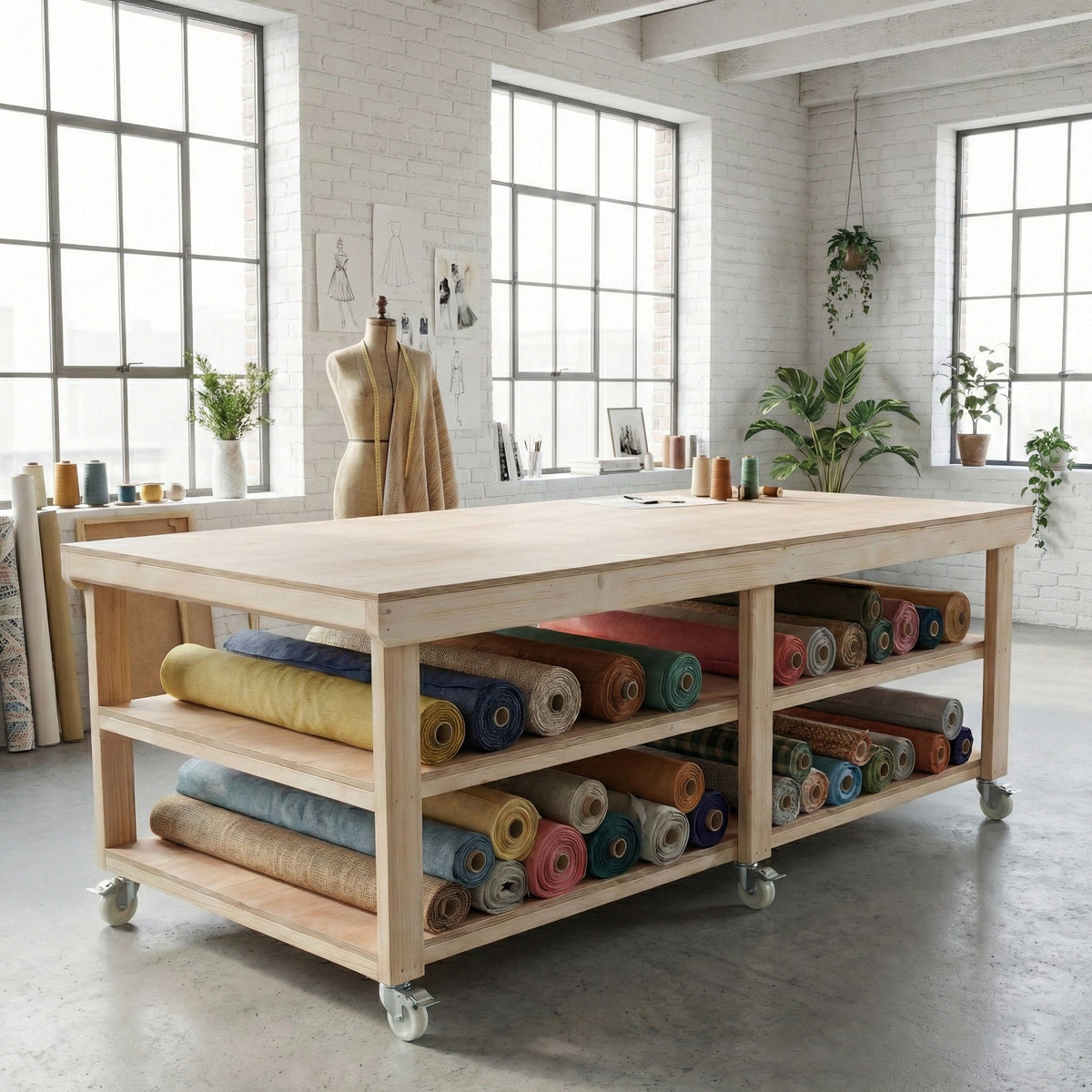 Wooden Workbench Eucalyptus Hardwood Top Depth-4ft Double Shelf and Wheels - SGP Garden Ltd