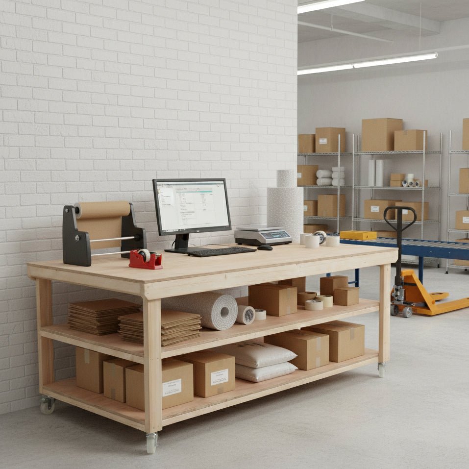Wooden Workbench Eucalyptus Hardwood Top Depth-4ft Double Shelf and Wheels - SGP Garden Ltd