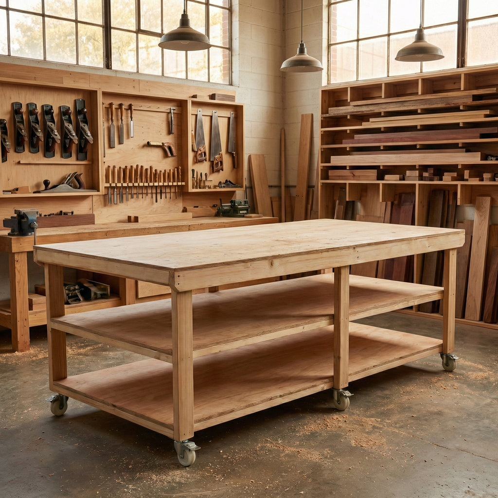 Wooden Workbench Eucalyptus Hardwood Top Depth-4ft Double Shelf and Wheels - SGP Garden Ltd