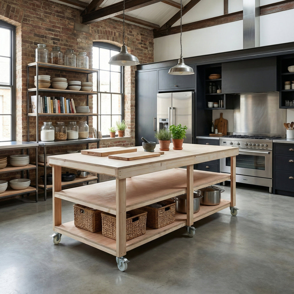 Wooden Workbench Eucalyptus Hardwood Top Depth-4ft Double Shelf and Wheels - SGP Garden Ltd