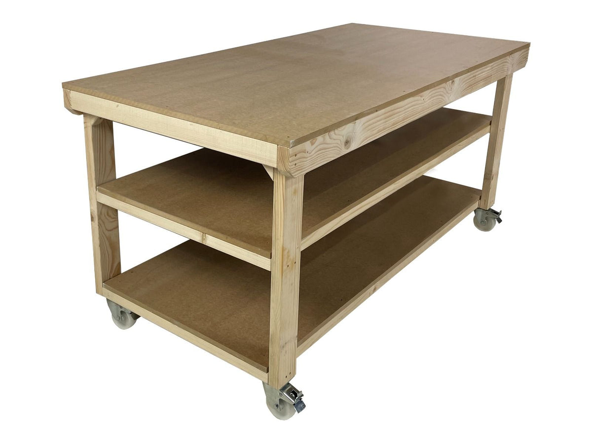 Wooden Workbench MDF Top Depth-3ft With Wheels and Double Shelf - SGP Garden Ltd