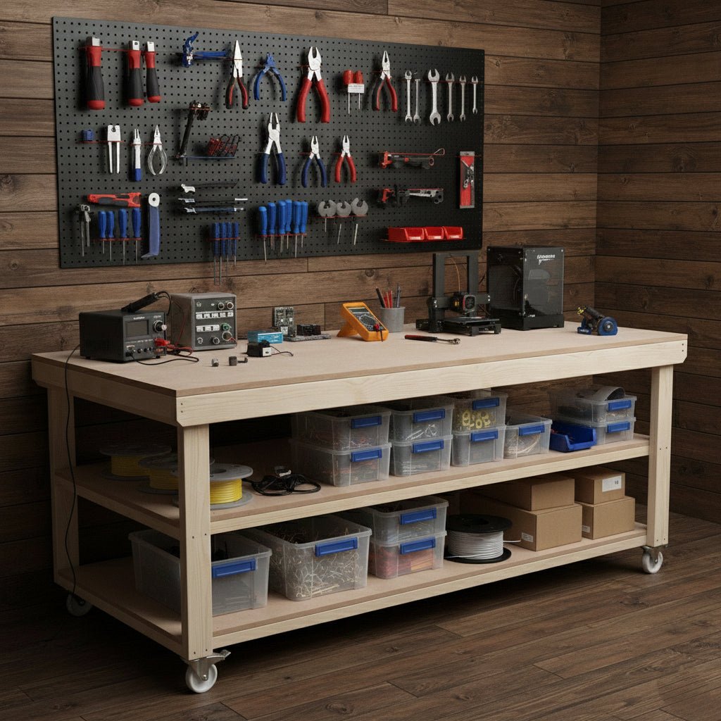 Wooden Workbench MDF Top Depth-4ft With Wheels and Double Shelf - SGP Garden Ltd