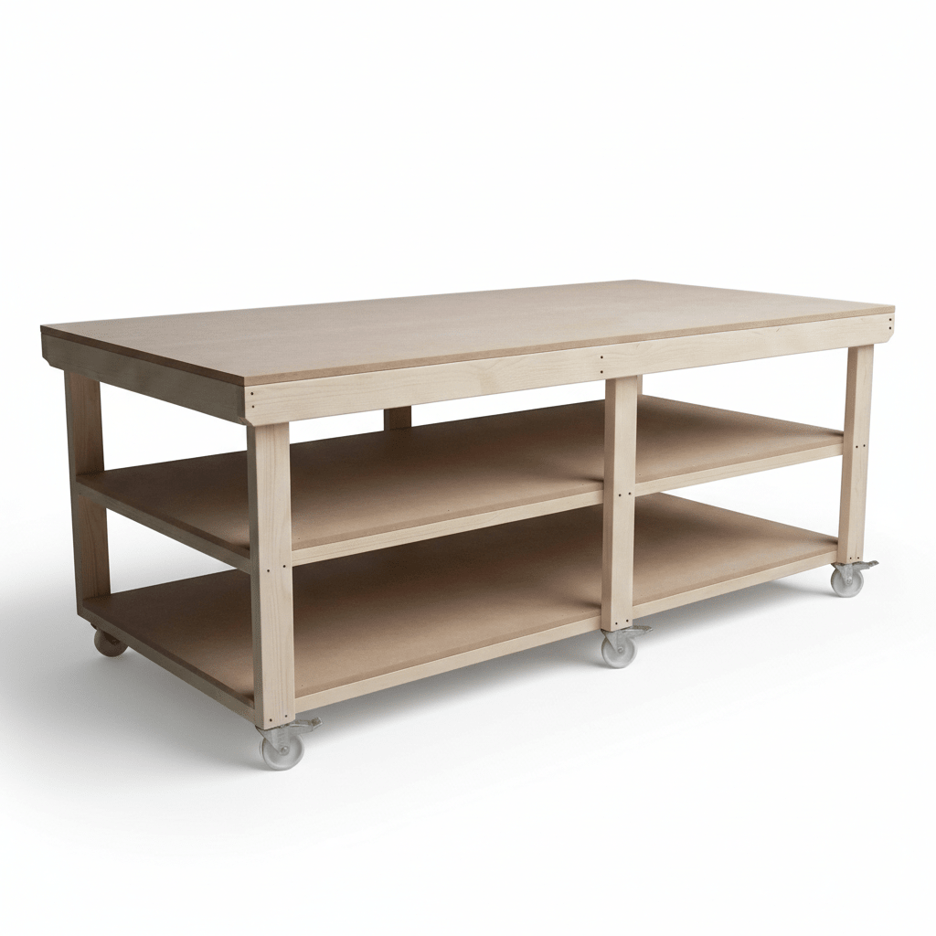 Wooden Workbench MDF Top Depth-4ft With Wheels and Double Shelf - SGP Garden Ltd