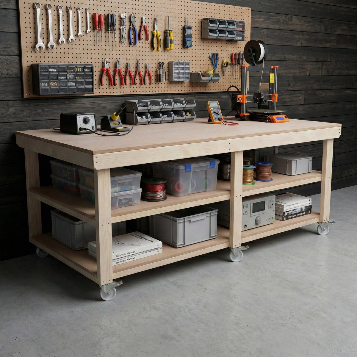 Wooden Workbench MDF Top Depth-4ft With Wheels and Double Shelf - SGP Garden Ltd