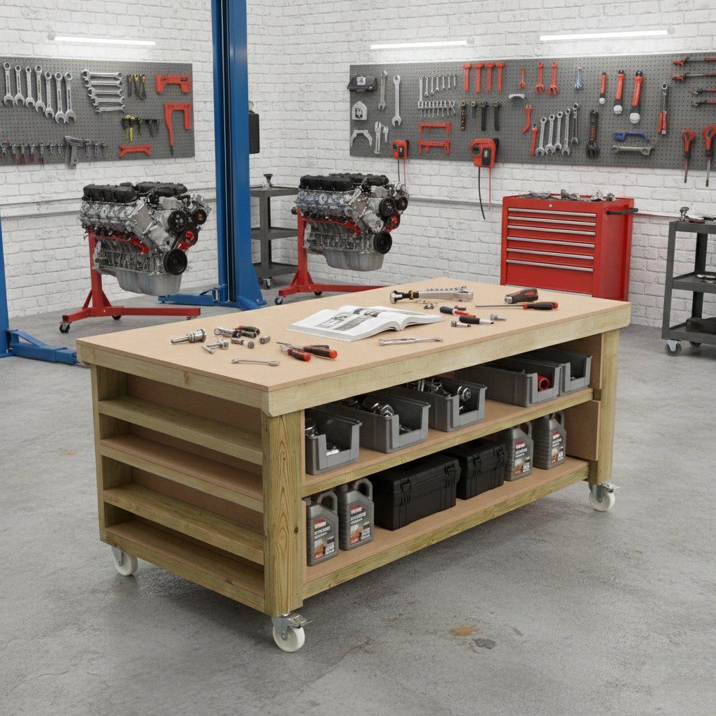 Wooden Workbench MDF Top with Extra shelving Depth-4ft With Double Shelf - SGP Garden Ltd